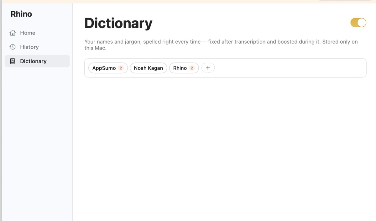 The Rhino Voice dictionary screen with custom words like AppSumo and Noah Kagan